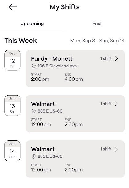 View Upcoming and Past shifts